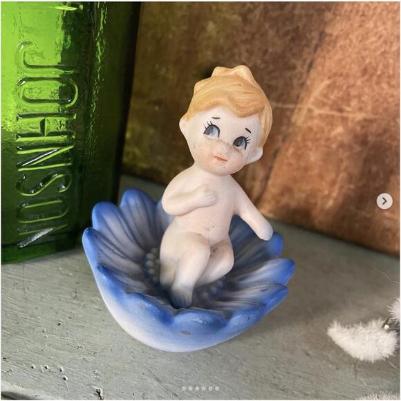 Vintage Bisque Porcelain Pixie Fairy in Blue Flower Figurine Japan - Picture 1 of 6